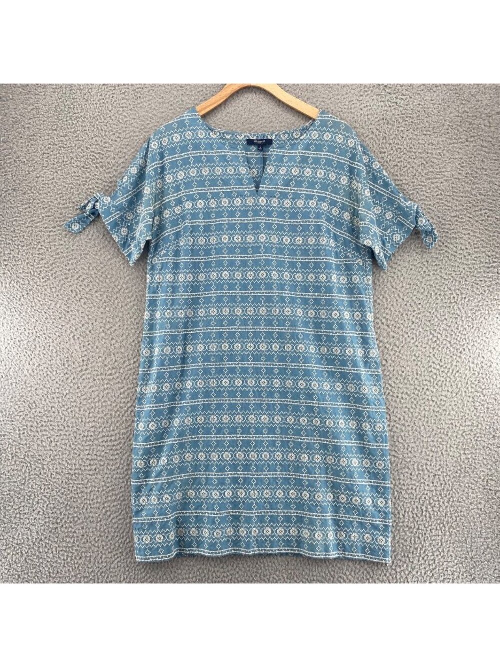 Madewell Dress Womens Small Blue Embroidery Shift Tie Short Sleeve Pocket Cotton